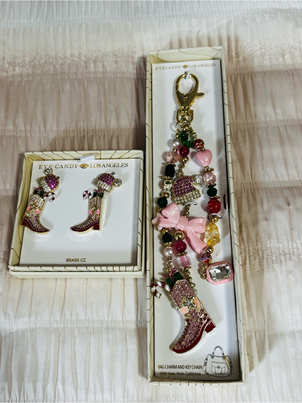 eye candy Pink Crystal Western Boot Earrings and Charm Keychain Set
